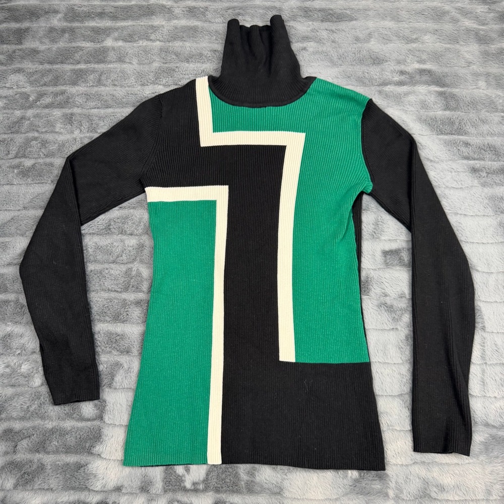 Style & Co Womens Green Black Colorblock Ribbed Turtleneck Sweater Size S 13311